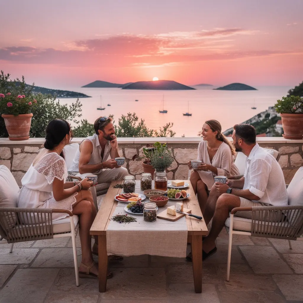 Mirna scena s čajem i knjigom na udobnoj fotelji u prirodnom okruženju.