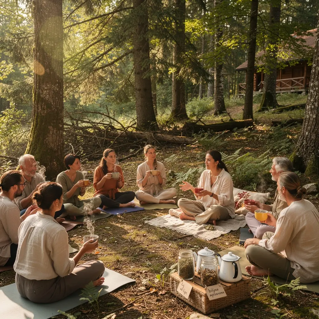 Svježe ubrane biljke za čaj na stolu uz prirodne elemente poput kamenčića.