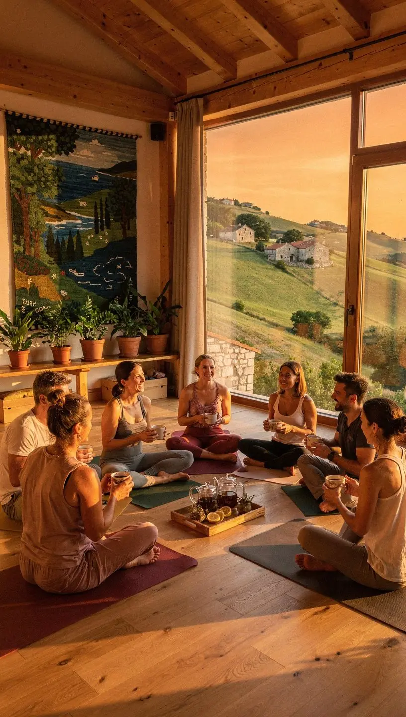 Čajna ceremonija u mirnom vrtu, sa svijećama i prirodnim elementima.