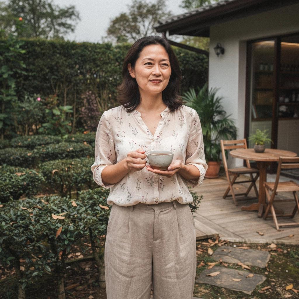 Šalica čaja na drvenom stolu uz svijeće koje stvaraju opuštajuću atmosferu.