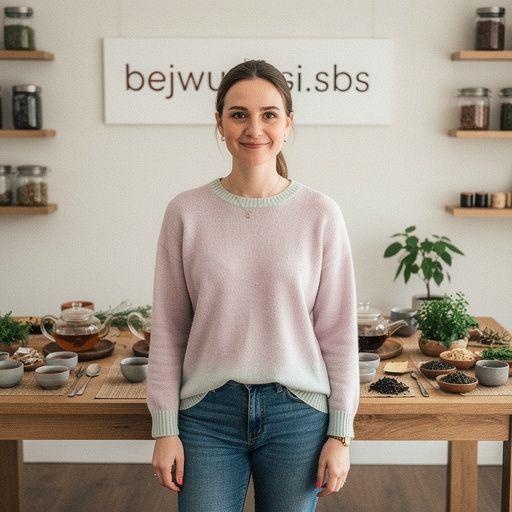 Žena uživa u ispijanju čaja, okružena prirodom i cvijećem.